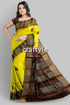 Yellow Coffee Brown Pure Tussar Saree with Hand Block Print Zari Border - Craftyle