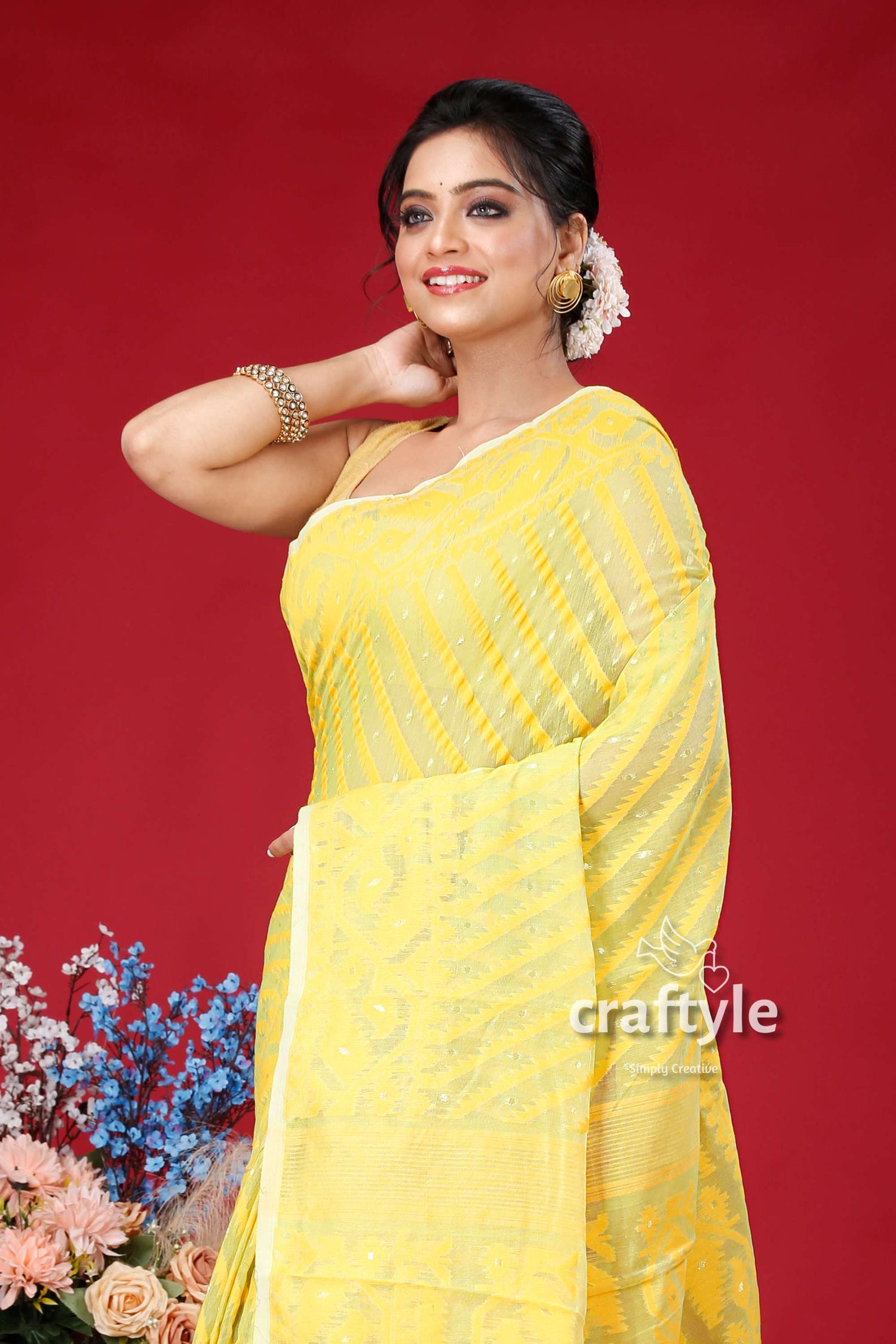 Yellow-Green Elegant Jamdani Saree for Women - Craftyle