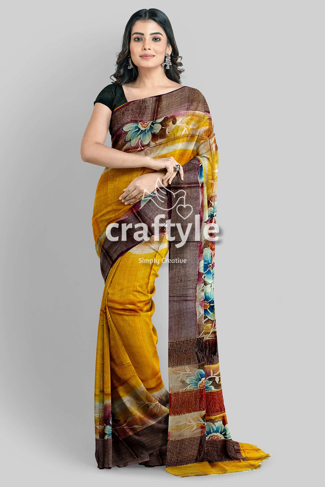 Yellow Hand Painted Floral Motif Tussar Saree with Zari Border - Pure Tussar Silk - Craftyle