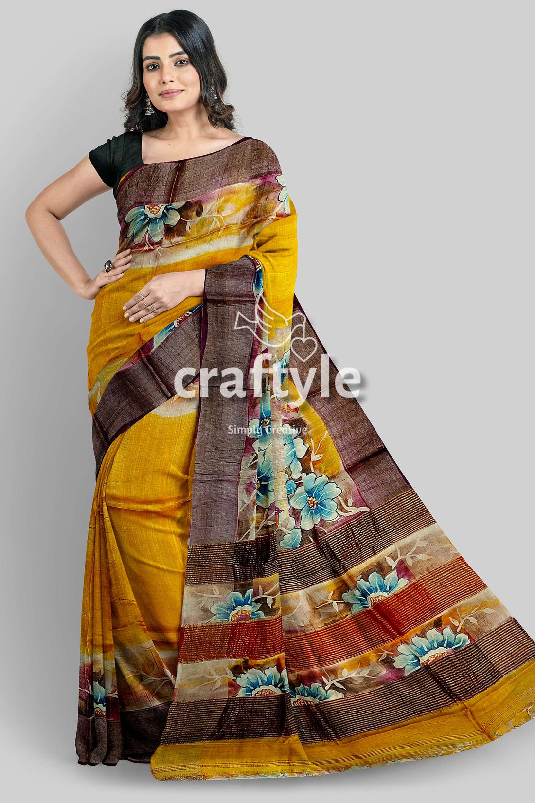 Yellow Hand Painted Floral Motif Tussar Saree with Zari Border - Pure Tussar Silk - Craftyle